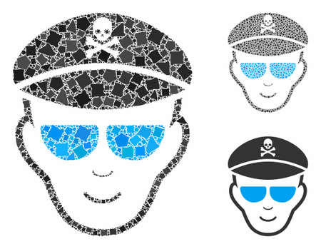 Evil soldier face composition of raggy parts in various sizes and color tones, based on evil soldier face icon. Vector tremulant parts are united into mosaic.のイラスト素材
