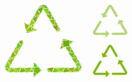 Recycling triangle mosaic of inequal parts in variable sizes and color hues, based on recycling triangle icon. Vector ragged parts are organized into composition.のイラスト素材