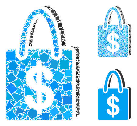 Shopping bag composition of ragged pieces in variable sizes and color tones, based on shopping bag icon. Vector trembly pieces are organized into composition.のイラスト素材