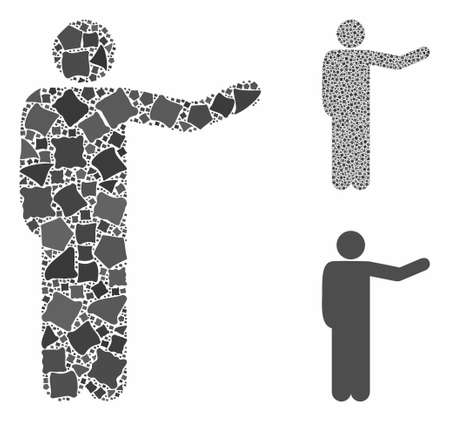 Showing man composition of bumpy parts in different sizes and color tones, based on showing man icon. Vector raggy parts are composed into composition. Showing man icons collage with dotted pattern.のイラスト素材