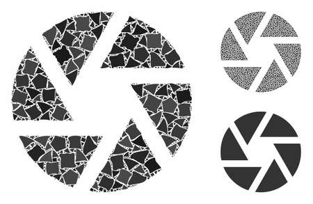 Shutter mosaic of tuberous elements in variable sizes and shades, based on shutter icon. Vector tuberous parts are united into collage. Shutter icons collage with dotted pattern.のイラスト素材