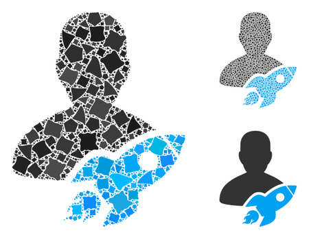 Startuper composition of rough elements in variable sizes and color tints, based on startuper icon. Vector rough items are organized into collage. Startuper icons collage with dotted pattern.のイラスト素材
