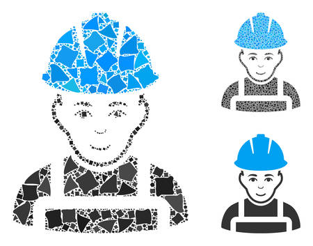 Glad worker mosaic of ragged parts in variable sizes and color hues, based on glad worker icon. Vector inequal parts are organized into mosaic. Glad worker icons collage with dotted pattern.のイラスト素材