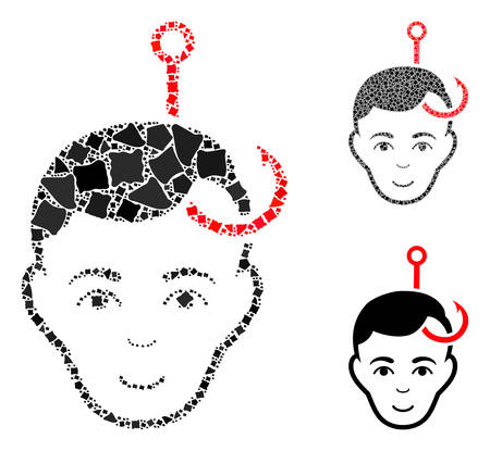 Hooked man head mosaic of rough elements in different sizes and shades, based on hooked man head icon. Vector abrupt elements are combined into illustration.のイラスト素材