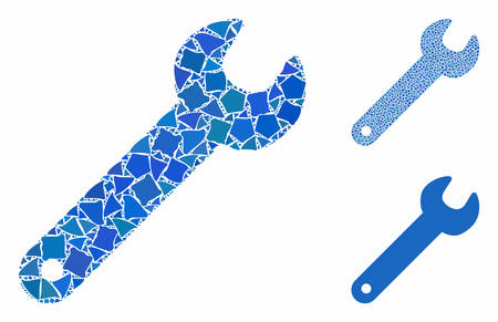 Wrench mosaic of irregular elements in various sizes and color tones, based on wrench icon. Vector bumpy elements are organized into mosaic. Wrench icons collage with dotted pattern.のイラスト素材