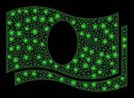 Glowing mesh banknotes with glitter effect. Abstract illuminated model of banknotes icon. Shiny wire frame triangular mesh banknotes. Vector abstraction on a black background.のイラスト素材