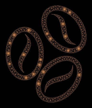 Flare mesh cacao beans with glow effect. Abstract illuminated model of cacao beans icon. Shiny wire frame triangular network cacao beans. Vector abstraction on a black background.のイラスト素材