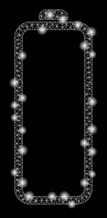 Glowing mesh empty battery with glare effect. Abstract illuminated model of empty battery icon. Shiny wire carcass polygonal mesh empty battery. Vector abstraction on a black background.のイラスト素材