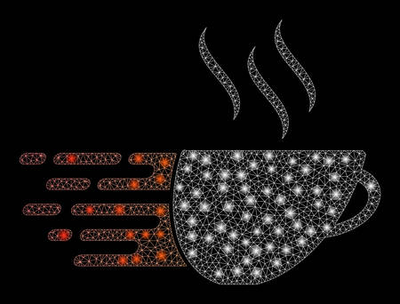 Glowing mesh express coffee with glitter effect. Abstract illuminated model of express coffee icon. Shiny wire carcass triangular mesh express coffee. Vector abstraction on a black background.のイラスト素材