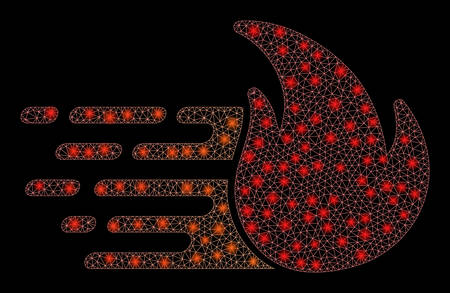 Glowing mesh express fire with glitter effect. Abstract illuminated model of express fire icon. Shiny wire carcass triangular mesh express fire. Vector abstraction on a black background.のイラスト素材