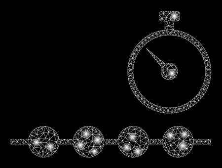 Glowing mesh marked time line with glitter effect. Abstract illuminated model of marked time line icon. Shiny wire frame triangular mesh marked time line. Vector abstraction on a black background.のイラスト素材