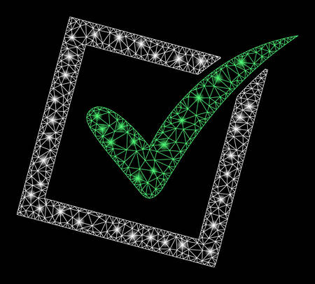 Flare mesh yes poll with glare effect. Abstract illuminated model of yes poll icon. Shiny wire carcass polygonal mesh yes poll. Vector abstraction on a black background.のイラスト素材