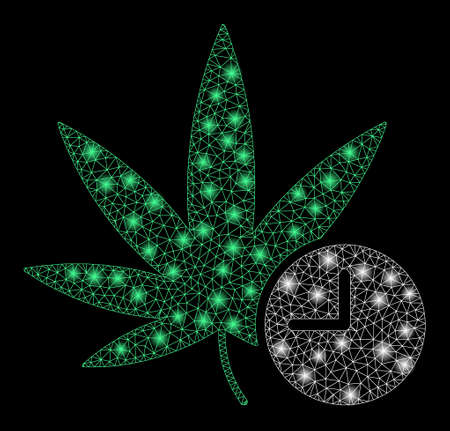 Glowing mesh weed time with glow effect. Abstract illuminated model of weed time icon. Shiny wire frame triangular mesh weed time. Vector abstraction on a black background.のイラスト素材