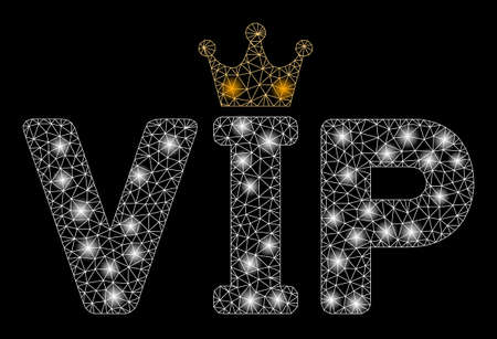 Glossy mesh VIP with glitter effect. Abstract illuminated model of VIP icon. Shiny wire carcass triangular mesh VIP. Vector abstraction on a black background. Abstract 2d mesh designed with triangles,のイラスト素材