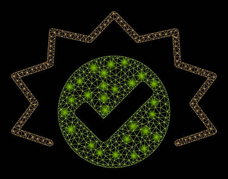 Glowing mesh true alert with lightspot effect. Abstract illuminated model of true alert icon. Shiny wire frame polygonal mesh true alert. Vector abstraction on a black background.のイラスト素材