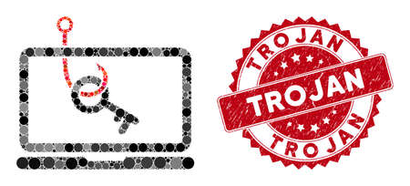 Mosaic Laptop Key Phishing And Grunge Stamp Watermark With Trojan Phrase Mosaic Vector Is Created With Laptop Key Phishing Icon And With Scattered Spheric Spots Trojan Stamp Uses Red Color のイラスト素材 ストックフォト 写真素材のstock Foto ストック