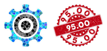 Mosaic cogwheel and rubber stamp seal with 95.00 text. Mosaic vector is formed with cogwheel icon and with random round spots. 95.00 stamp seal uses red color, and scratched texture.のイラスト素材