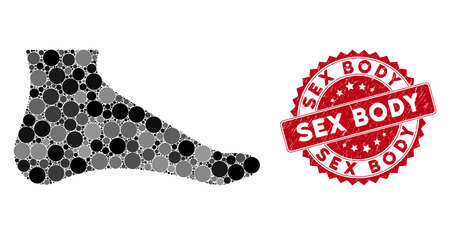 Collage foot and corroded stamp seal with Sex Body phrase. Mosaic vector is created with foot icon and with randomized spheric elements. Sex Body stamp seal uses red color, and grunge texture.のイラスト素材