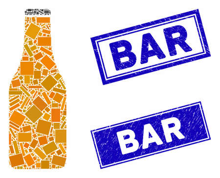 Mosaic beer bottle pictogram and rectangle watermarks. Flat vector beer bottle mosaic pictogram of randomized rotated rectangle elements. Blue caption rubber stamps with distress texture.のイラスト素材