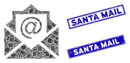 Mosaic email icon and rectangular seal stamps. Flat vector email mosaic icon of scattered rotated rectangle elements. Blue caption seal stamps with grunge surface.のイラスト素材