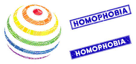 Mosaic LGBT color stripes abstract sphere icon and rectangle seals. Flat vector LGBT color stripes abstract sphere mosaic pictogram of random rotated rectangle items.のイラスト素材