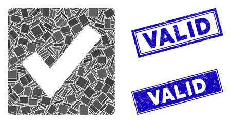 Mosaic valid icon and rectangular seals. Flat vector valid mosaic icon of scattered rotated rectangular elements. Blue caption seals with dirty texture.のイラスト素材