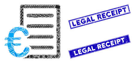 Mosaic Euro pricelist icon and rectangular seal stamps. Flat vector Euro pricelist mosaic icon of randomized rotated rectangular items. Blue caption stamps with dirty textures.のイラスト素材