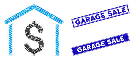 Mosaic money garage pictogram and rectangular seal stamps. Flat vector money garage mosaic pictogram of scattered rotated rectangular items. Blue caption seals with grunge surface.のイラスト素材