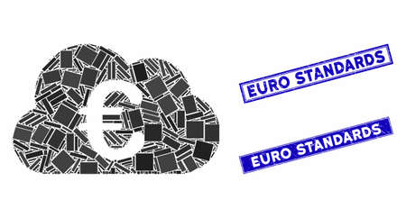 Mosaic Euro cloud pictogram and rectangular seal stamps. Flat vector Euro cloud mosaic pictogram of random rotated rectangle elements. Blue caption seal stamps with dirty textures.のイラスト素材
