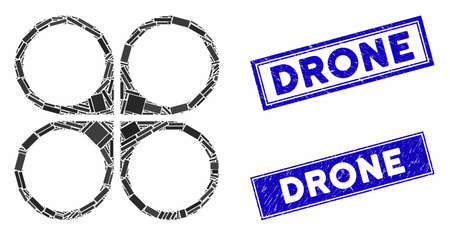 Mosaic air copter icon and rectangular stamps. Flat vector air copter mosaic icon of scattered rotated rectangular elements. Blue caption seal stamps with distress surface.のイラスト素材