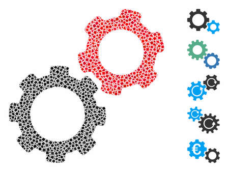 Gears icon mosaic of rugged pieces in variable sizes and color tinges, based on gears icon. Vector irregular pieces are grouped into mosaic. Gears icons collage with dotted pattern.のイラスト素材