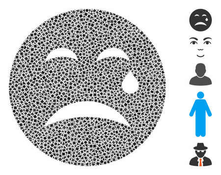 Cry smiley icon composition of ragged items in different sizes and color tones, based on cry smiley icon. Vector tremulant items are grouped into collage. Cry smiley icons collage with dotted pattern.のイラスト素材