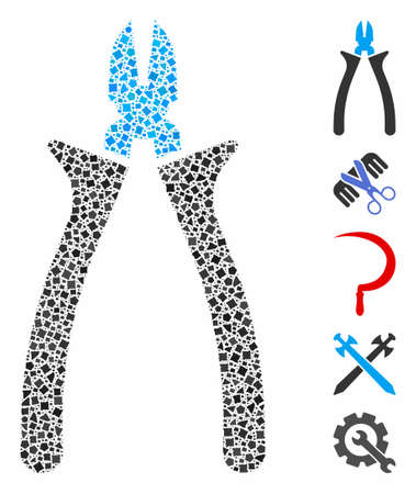 Nippers icon mosaic of bumpy pieces in various sizes and color hues, based on nippers icon. Vector uneven pieces are united into collage. Nippers icons collage with dotted pattern.のイラスト素材
