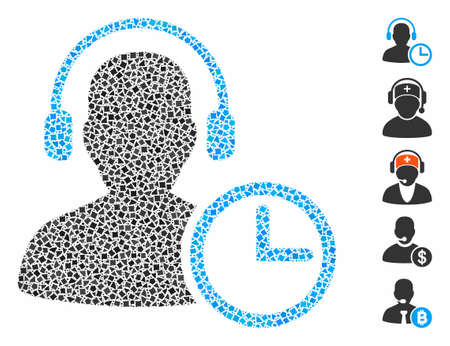 Operator time icon mosaic of abrupt parts in variable sizes and color hues, based on operator time icon. Vector ragged parts are combined into mosaic. Operator time icons collage with dotted pattern.のイラスト素材