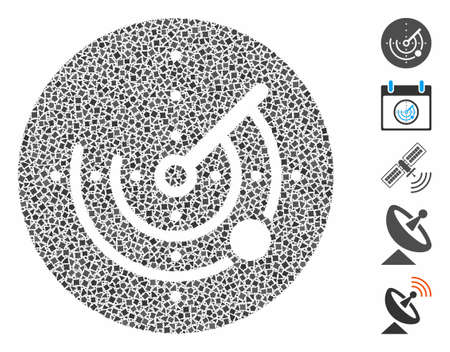 Radar icon mosaic of joggly pieces in variable sizes and shades, based on radar icon. Vector joggly items are grouped into mosaic. Radar icons collage with dotted pattern.のイラスト素材