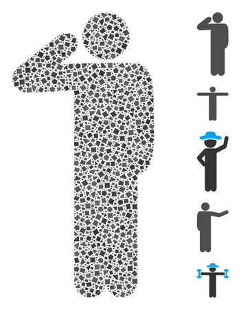 Salute pose icon composition of irregular elements in different sizes and color tones, based on salute pose icon. Vector tuberous items are grouped into composition.のイラスト素材
