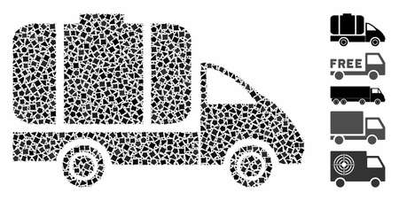 Tank truck icon composition of unequal pieces in variable sizes and color hues, based on tank truck icon. Vector rough pieces are combined into collage. Tank truck icons collage with dotted pattern.のイラスト素材