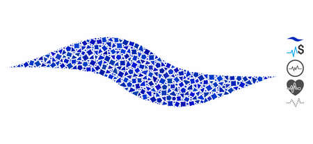Wave shape icon composition of raggy pieces in various sizes and shades, based on wave shape icon. Vector rugged items are grouped into composition. Wave shape icons collage with dotted pattern.のイラスト素材