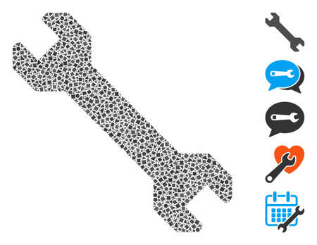 Wrench icon mosaic of bumpy items in variable sizes and color tints, based on wrench icon. Vector ragged items are united into mosaic. Wrench icons collage with dotted pattern.のイラスト素材