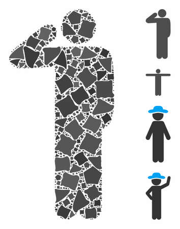 Salute pose icon composition of raggy pieces in different sizes and color tinges, based on salute pose icon. Vector joggly items are composed into collage.のイラスト素材