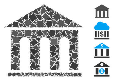 Museum building icon composition of trembly pieces in different sizes and color hues, based on museum building icon. Vector tremulant pieces are united into composition.のイラスト素材