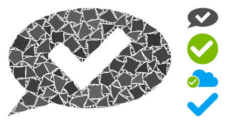 OK message icon mosaic of raggy elements in variable sizes and shades, based on OK message icon. Vector ragged elements are combined into mosaic. OK message icons collage with dotted pattern.のイラスト素材