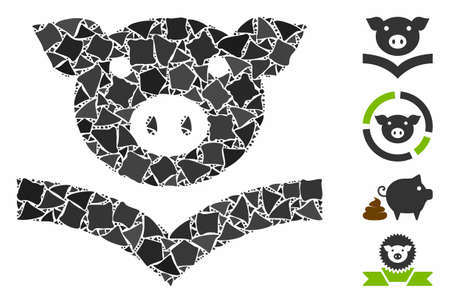 Pig knowledge icon mosaic of abrupt pieces in variable sizes and shades, based on pig knowledge icon. Vector rough pieces are united into mosaic. Pig knowledge icons collage with dotted pattern.のイラスト素材