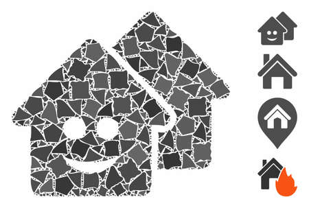 Happy realty icon mosaic of rough parts in various sizes and color tones, based on happy realty icon. Vector raggy parts are united into mosaic. Happy realty icons collage with dotted pattern.のイラスト素材