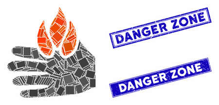 Mosaic burn hand icon and rectangular seal stamps. Flat vector burn hand mosaic icon of randomized rotated rectangular elements. Blue caption seal stamps with scratched surface.のイラスト素材