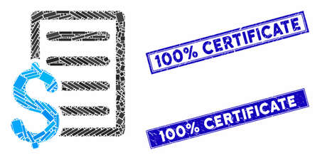 Mosaic business contract icon and rectangle stamps. Flat vector business contract mosaic icon of scattered rotated rectangular elements. Blue caption rubber stamps with rubber surface.のイラスト素材