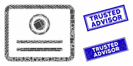Mosaic diploma icon and rectangle seal stamps. Flat vector diploma mosaic icon of scattered rotated rectangular items. Blue caption seal stamps with dirty surface.のイラスト素材