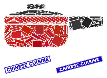 Mosaic dripping pan icon and rectangular seal stamps. Flat vector dripping pan mosaic icon of randomized rotated rectangular items. Blue caption seal stamps with scratched surface.のイラスト素材