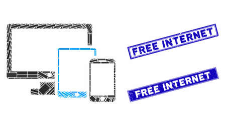 Mosaic electronic devices icon and rectangle rubber prints. Flat vector electronic devices mosaic icon of scattered rotated rectangle items. Blue caption rubber stamps with scratched textures.のイラスト素材