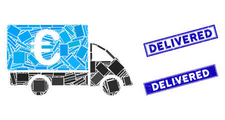 Mosaic Euro collector car pictogram and rectangular seal stamps. Flat vector Euro collector car mosaic pictogram of randomized rotated rectangle elements.のイラスト素材